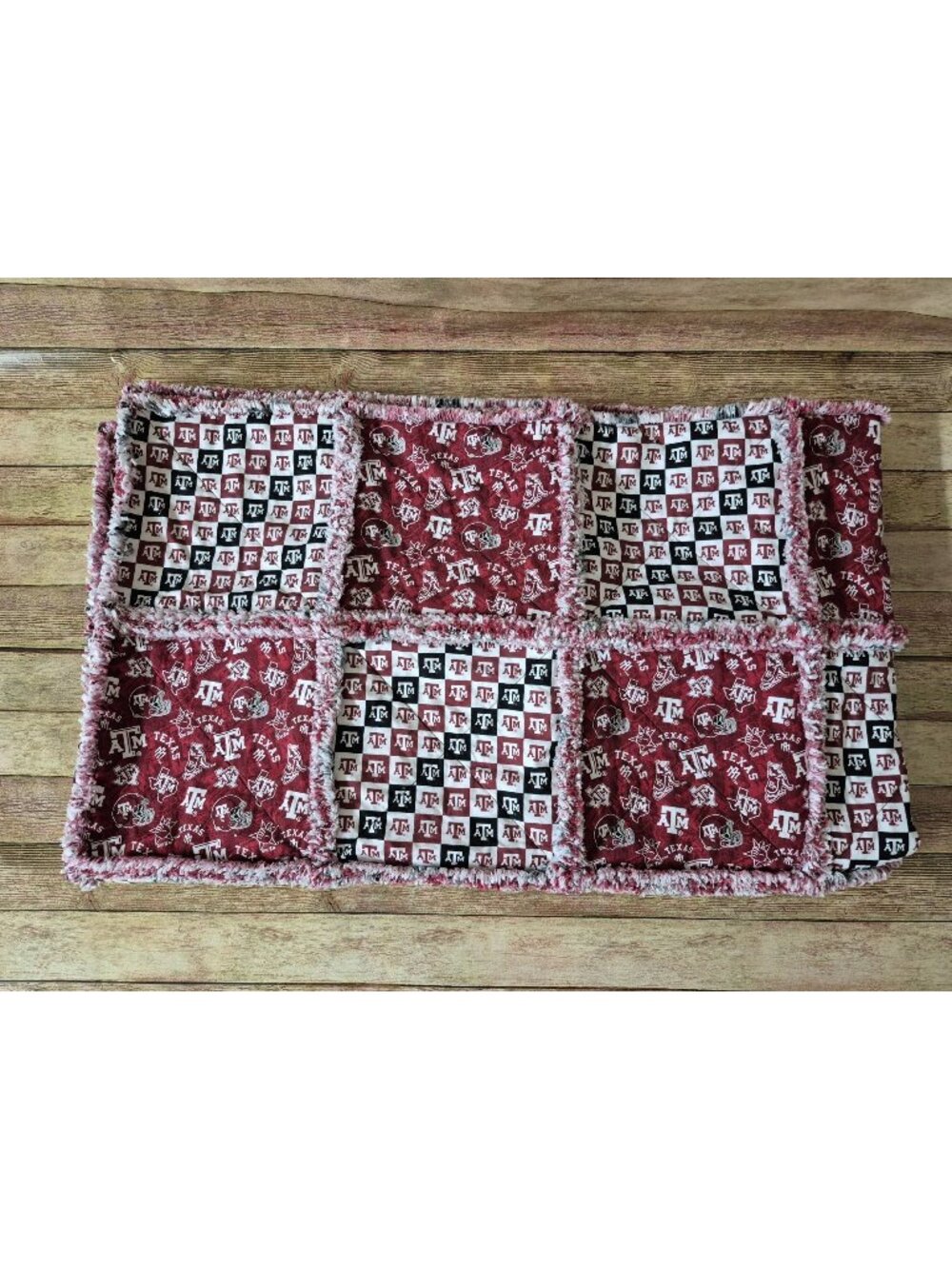 Texas A&M Aggies Handmade Rag Quilt Patchwork Throw Blanket Maroon White 58x68